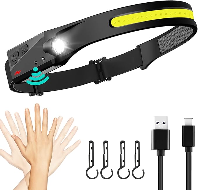 FBKK LED Headlamp Rechargeable, 230°Wide Beam Headlight with Motion Sensor, Waterproof Lightweight Head Lamp Flashlight for Camping, Hiking, Running, Outdoor for Adults and Kids