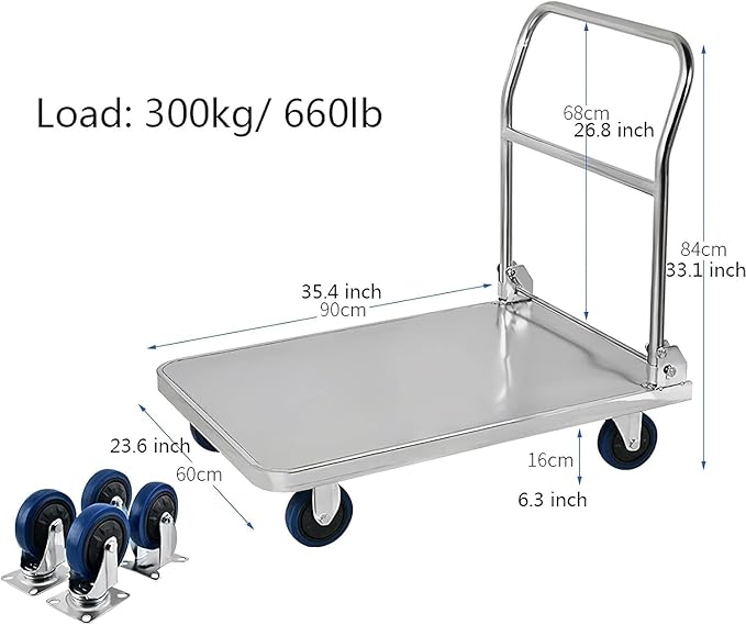Foldable Push Hand Cart Stainless Steel Platform Truck Foldable Handle Thicken Panel for Luggage Tools Appliances Transport High Bearing Capacity Push Cart Dolly Cart,304
