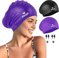 2 Pack Large Swim Caps for Long Hair, Silicone Swimming Cap for Adult Women Men, Waterproof Swim Hats Bathing Caps to Keep Hair Dry with Bonus Nose Clip and Earplugs