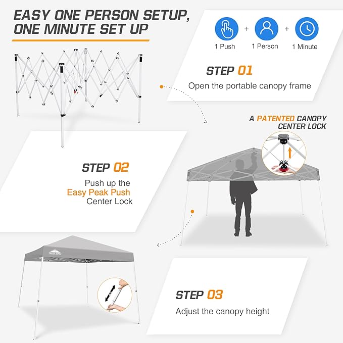 EAGLE PEAK 10x10 Slant Leg Pop-up Canopy Tent Easy One Person Setup Instant Outdoor Beach Canopy Folding Portable Sports Shelter 10x10 Base 8x8 Top (Light Gray)