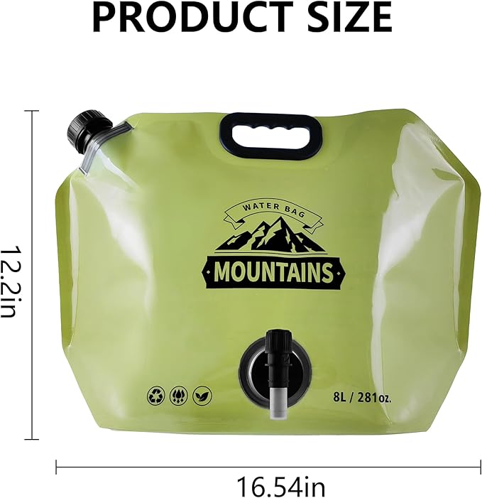 Collapsible 8L Water Storage Bag, BPA-Free Portable Folding Water Jug with Adjustable Faucet, Leakproof Emergency Water Bag for Camping, Hiking, Riding, Outdoor Sport (GREEN, 1)
