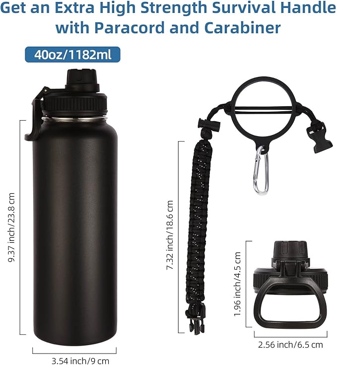 Volhoply Insulated Water Bottles Bulk 2 Pack, 40 oz Stainless Steel Sports Bottle with Paracord Handle & Spout Lid,Metal Travel Water Cups with Wide Mouth,Reusable Big jug for Adults(Black,2 Set)