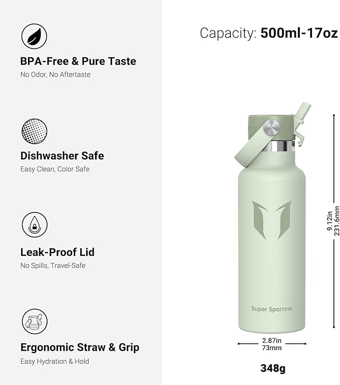 Super Sparrow Insulated Water Bottle - 17 Oz / 25 Oz / 32 Oz - Standard Mouth FlipFlow Flask - BPA Free, Leak Proof Drink Bottle- Ergonomic Straw Water Bottles for Work, Gym, Travel, Sports