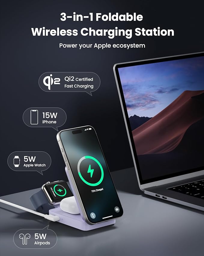 3-in-1 Wireless Charger Charging Station for iPhone, Qi2 Certified 15W Fast Charging Foldable Magnetic Charger Stand with 30W USB C Adapter for MagSafe iPhone 16/15/14/13/12, Apple Watch, AirPods