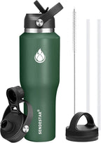 SENDESTAR 40oz Water Bottle Wide Mouth Stainless Steel Vacuum Insulated Double Wall with 2 Straw Lids Fit in Any Car Cup Holder TXIN-40-Dark Green