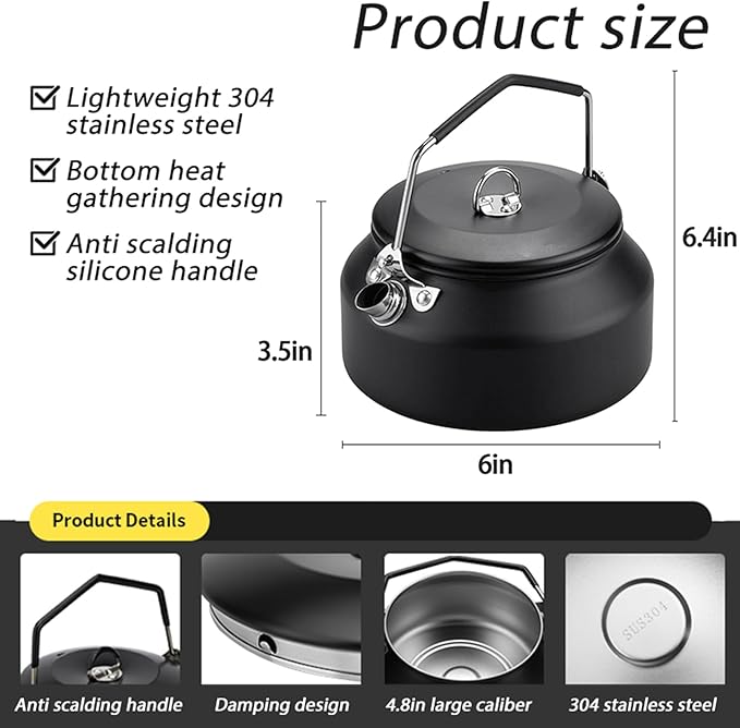 Camping Kettle Outdoor Campfire Camp Kettle, 1L Stainless Steel Camp Tea Coffee Pot, Portable Lightweight Teapot Fast Heating Boiling Water, Ideal for Hiking Picnic Travel, Black