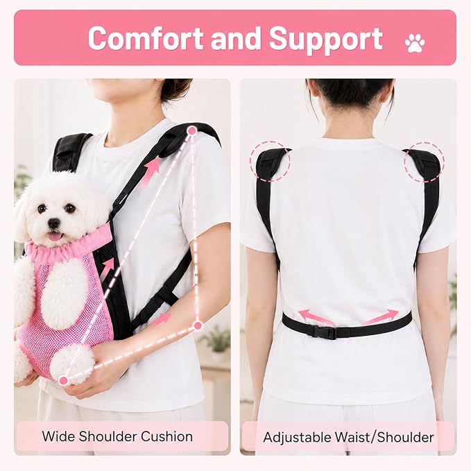 Inspack Dog Backpack Carrier/Cat Carrier, Adjustable Pet Front Carriers Travel Bag for Puppy Medium Dogs, Legs Out, Soft Ventilated Doggie Chest Carry Backpacks for Hiking/Camping, 2.5-4 lbs, Pink