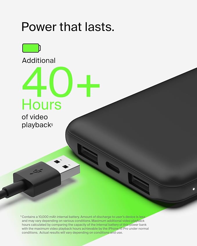 Belkin Portable Charger, USB C Power Bank 10000 mAh w/ 2xUSB-A Ports, 15W w/ Type-C to Type-A Cable for iPhone 17, Air, Pro, Samsung Galaxy S25, Nintendo Switch 2, Google Pixel 10, etc. - Black
