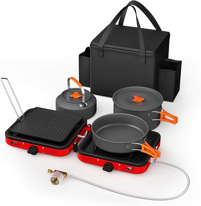 Portable 2 Burner Camping Stove Set with Cookware, 20,000 BTU/h, Outdoor Cooking Kit Includes Outdoor Folding Gas Stove, Frying Pan, Griddle, Kettle, Pot, and Carry Bag, For Propane & Butane