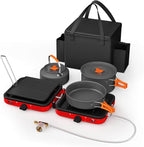 Portable 2 Burner Camping Stove Set with Cookware, 20,000 BTU/h, Outdoor Cooking Kit Includes Outdoor Folding Gas Stove, Frying Pan, Griddle, Kettle, Pot, and Carry Bag, For Propane & Butane
