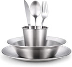 Odoland Stainless Steel Camping Mess Kit for Family & Person, Cooking Tableware Utensils with Plates Bowls Forks Spoons Knives & Savings Bag for Camping, Backpacking, Hiking, Picnic