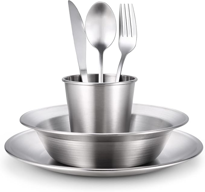 Odoland Stainless Steel Camping Mess Kit for Family & Person, Cooking Tableware Utensils with Plates Bowls Forks Spoons Knives & Savings Bag for Camping, Backpacking, Hiking, Picnic
