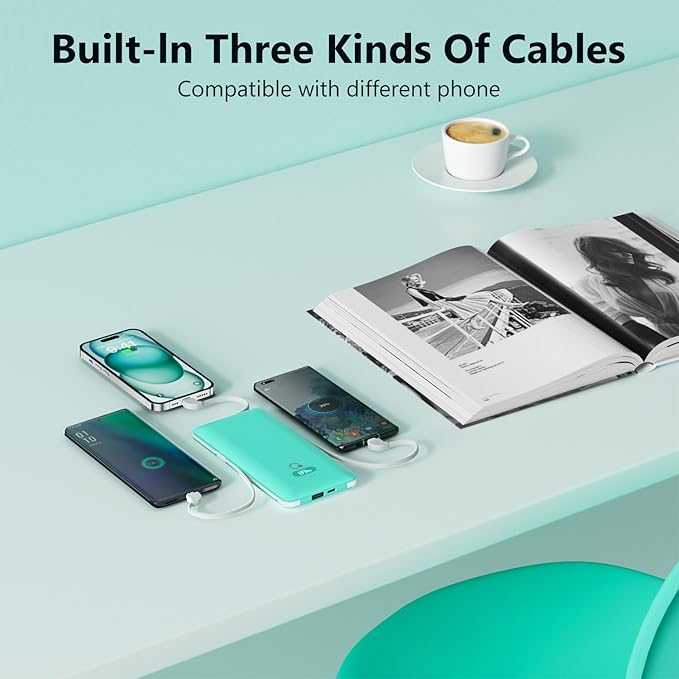 10000mAh Portable Charger with Built-in Cables and AC Wall Plug, USB C Fast Charging Power Bank with 3 Cords,5 Output External Battery Pack Compatible with iPhone,Tablet and All Smart Phones Blue