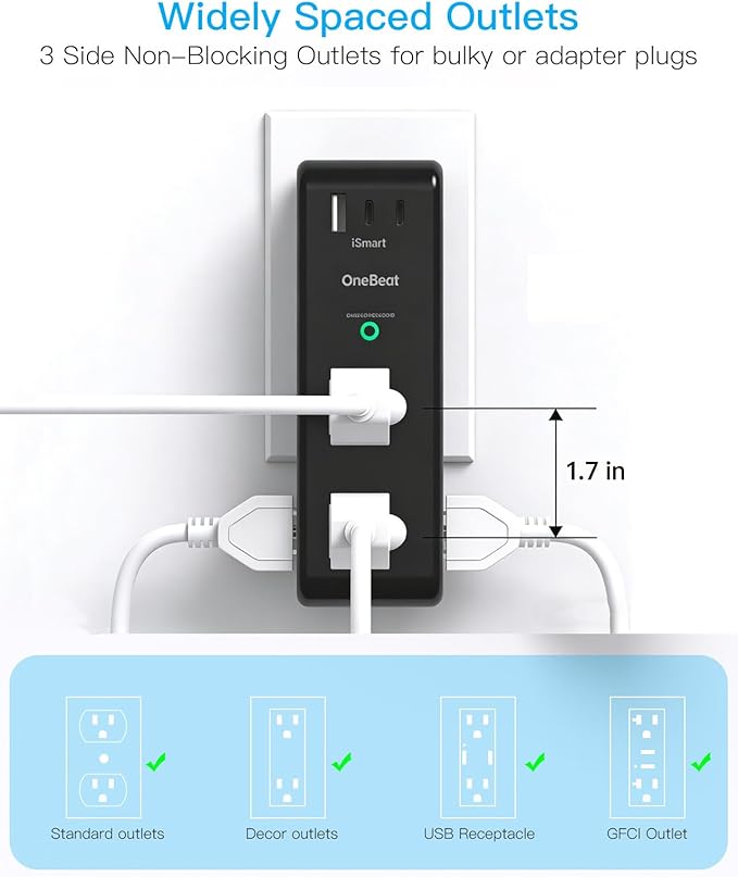 Surge Protector Outlet Extender with Rotating Plug, 6 AC Multi Plug Outlet with 3 USB Ports (2 USB C), 1800J Wall Charger Swivel Power Adapter with Spaced Outlet Splitter for Home Office Dorm, Black