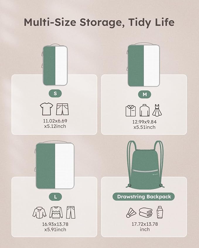 4 Set Compression Packing Cubes for Travel, Bonus Versatile Drawstring Backpack, Lightweight Luggage Organizer Bags, Sturdy Travel Accessories for Suitcase, Dark Green