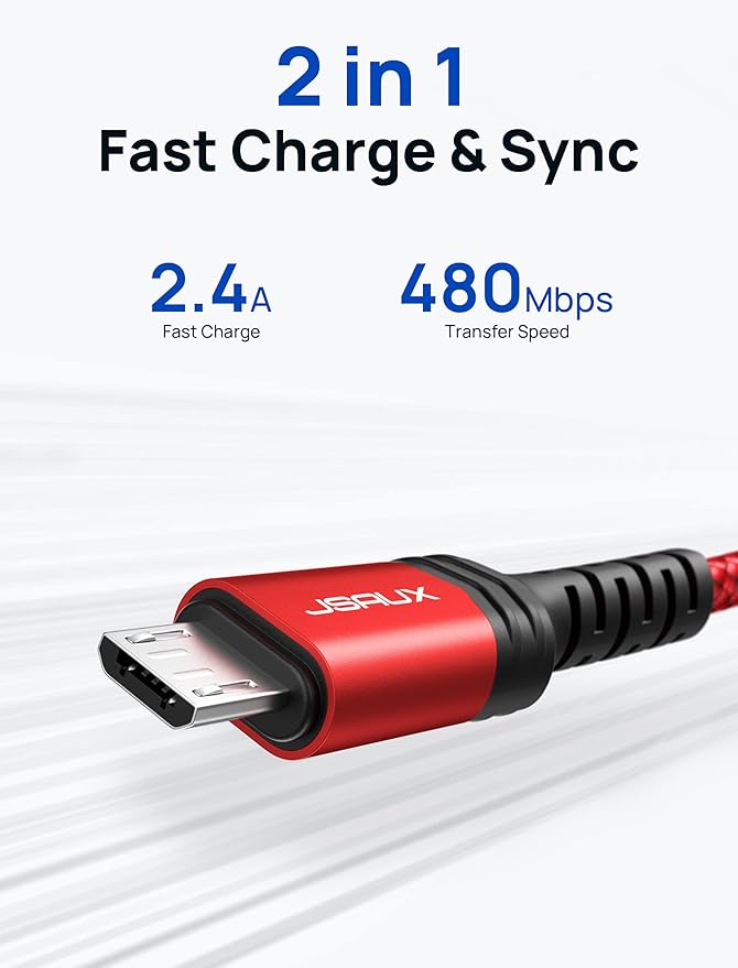 JSAUX Micro USB Cable for Android, (2-Pack 6.6FT) Micro USB Android Charger Cable Nylon Braided Cord Compatible with Galaxy S7 S6 J7 Edge Note 5, Kindle. MP3 and More-Red