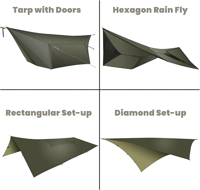 onewind 12×10 ft Hammock Tarp, Ultralight Versatile Camping Tarp Lightweight Waterproof Silnylon Hammock Rain Fly with Doors, Easy to Setup with Stuff Sack Tent Stakes, Dark Grey