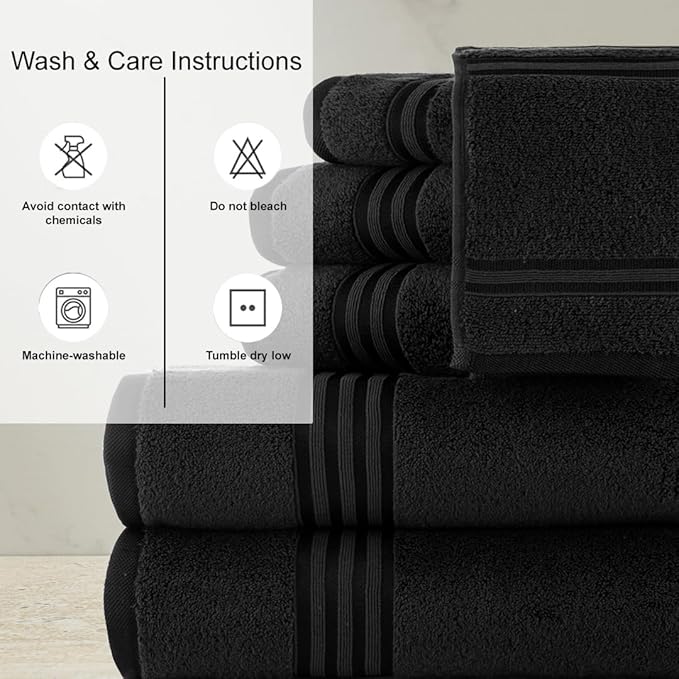 CASA COPENHAGEN Zero Twist 6Pcs 100% Egyptian Cotton Large Designer Towels Gift Set- Dark Black, 600 GSM, 2Bath 2Hand 2Washcloths, Bath Towels for Bathroom Set for Women & Men