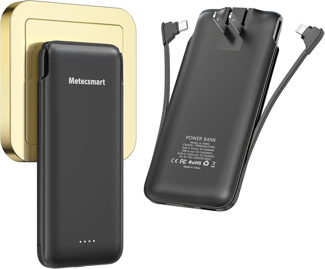 Portable Charger Power Bank with Built in Cable and AC Wall Plug, 10000mAh Fast USB C Phone Charger, Slim Thin Mini Power Bank Charging Battery Pack