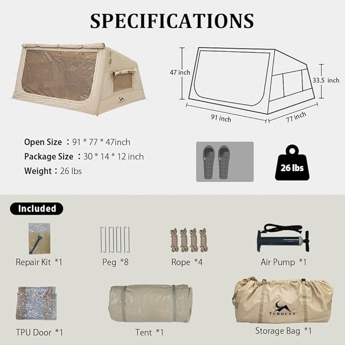 TOMOUNT Inflatable Canvas Tent with Pump,Easy Setup Blow Up Tent for Camping