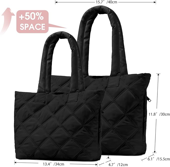 Puffer Tote Bag for Women, Quilted Bag with Zipper, Small Tote HandBags for Work, Travel