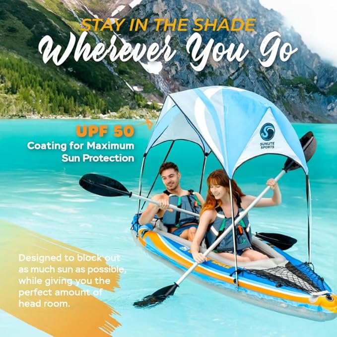 Sunlite Sports 2-Person Inflatable Kayak with Aluminum Oars (136" x 33"), High Output Air Pump and Storage Bag, Double Tandem Kayak for Adults, Two Person Canoe and Kayak, Good for Lakes and Rivers