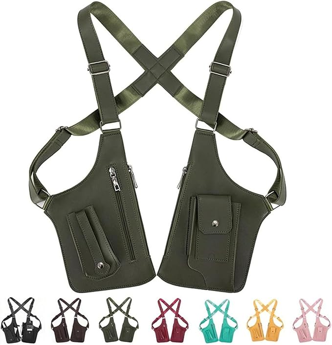 Double Shoulder Armpit Bag, Multi-pocket Anti-Theft Double Shoulder Bag for Travel and Daily Use, djustable Underarm Backpack (Army Green)