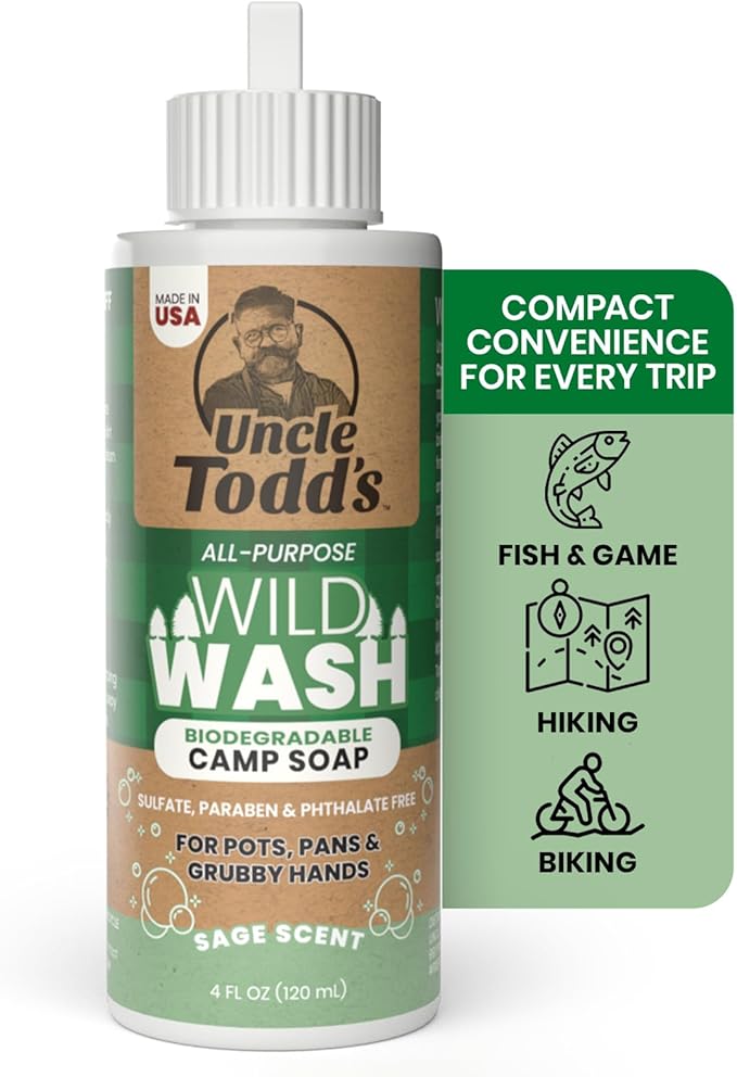 Uncle Todd's Wild Wash Biodegradable Soap, Camping Soap Ideal for Dishes, Body, Hands, and Clothes - 4oz, Sage Scent