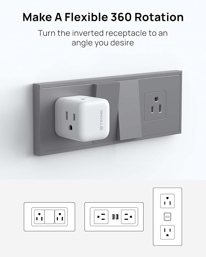 TROND Multi Plug Wall Outlet 2 Pack, 3 Way Outlet Adapter with 360 Rotating Plug, Cruise Ship Essentials, Small Wall Extender for Bathroom, Kitchen, Home, Office, Dorm