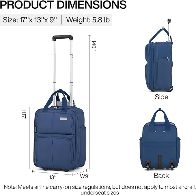 Hanke Softside Expandable Underseat Carry On Luggage for Airplanes,Travel Luggage Rolling Bag Personal Item Bag Small Suitcase,Blue,16-Inch