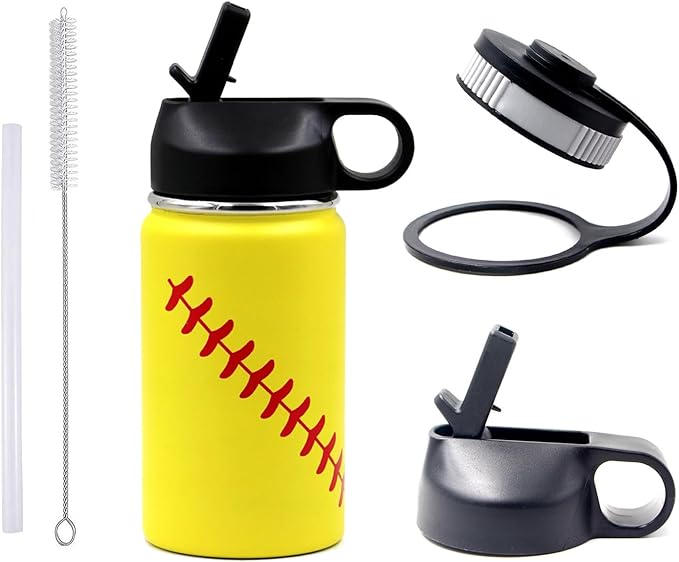 12 oz Softball Water Bottle, Sports Cup Flask Metal Travel Mug with 2 Lids, Stainless Steel Double Wall Vacuum Insulated Leak Proof Water Bottles, Softball Accessories Stuff Gifts for Boys Girls Fans