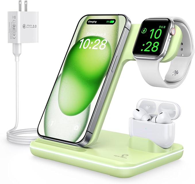 WAITIEE Wireless Charger 3 in 1 Charging Station for for iPhone 16 15 14 13 12 11 X 8 & for Apple Watch, for AirPods 1/2/3/Pro/Pro 2 with Lightning Charging Case(Green)