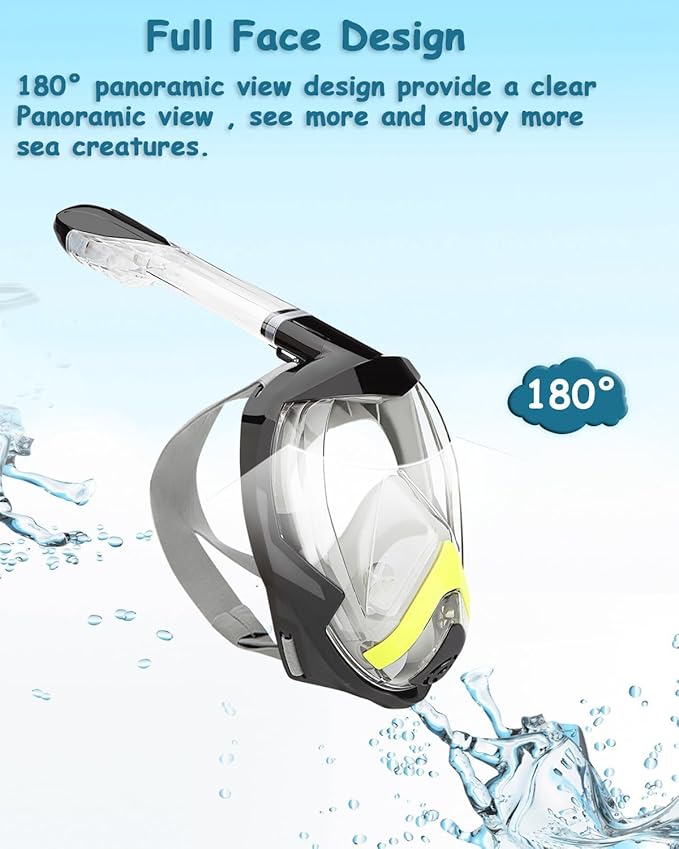 Flyboo Snorkel Mask,180°View Snorkelling Gear with Panoramic Full Face Design-Sports Camera Compatible Diving Mask with Anti-Fog and Anti-Leak Technology for Adults and Kids