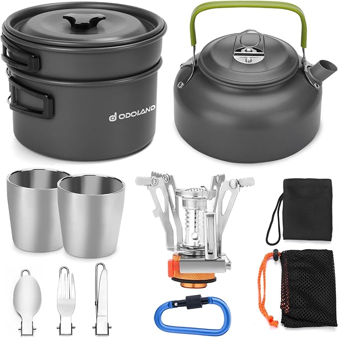 Odoland 12pcs Camping Cookware Mess Kit with Mini Stove, Lightweight Pot Pan Kettle with 2 Cups, Fork Spoon Kit for Backpacking, Outdoor Camping Hiking and Picnic