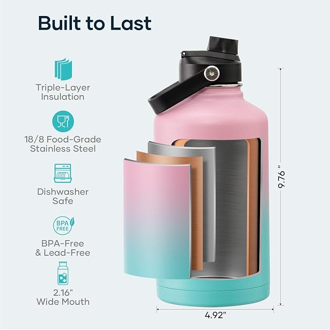 BUZIO Vacuum Insulated Stainless Steel Water Bottle 64oz (Cold for 48 Hrs/Hot for 24 Hrs) BPA Free Double Wall Travel Mug/Flask for Outdoor Sports Hiking, Cycling, Cam,Camping, Running, Bubble Gum