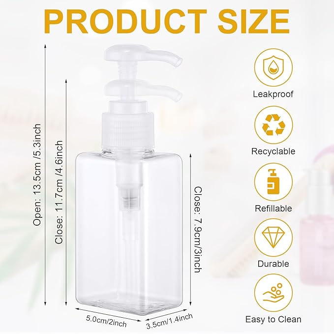 Domensi 24 Pcs 100ml /3.4 oz Pump Bottle Mini Travel Bottles Small Dispenser Containers Plastic Pump Lotion Dispenser Empty Square Travel Size Containers Toiletries (Clear)