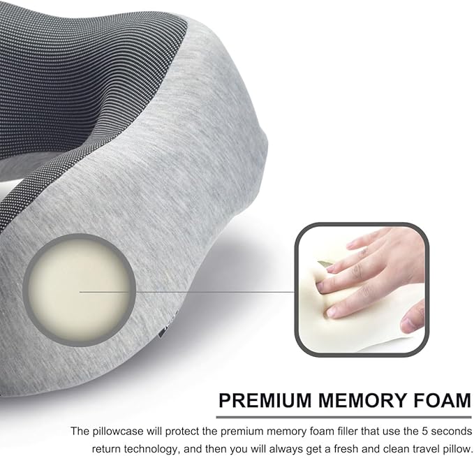 napfun Neck Pillow for Traveling, Travel Neck Pillow for Airplane 100% Pure Memory Foam Travel Pillow for Flight Headrest Sleep, Portable Plane Accessories, Light Grey Set
