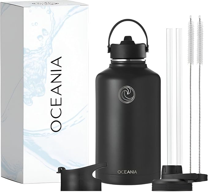 Oceania Flask 64oz Stainless Steel Water Bottles | Modern, Leakproof, Vacuum Insulated with 3 Lids, 3 Straws & 2 Straw Cleaning Brushes | Simple Lightweight Camping & Hiking Hydration Canteens