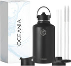Oceania Flask 64oz Stainless Steel Water Bottles | Modern, Leakproof, Vacuum Insulated with 3 Lids, 3 Straws & 2 Straw Cleaning Brushes | Simple Lightweight Camping & Hiking Hydration Canteens