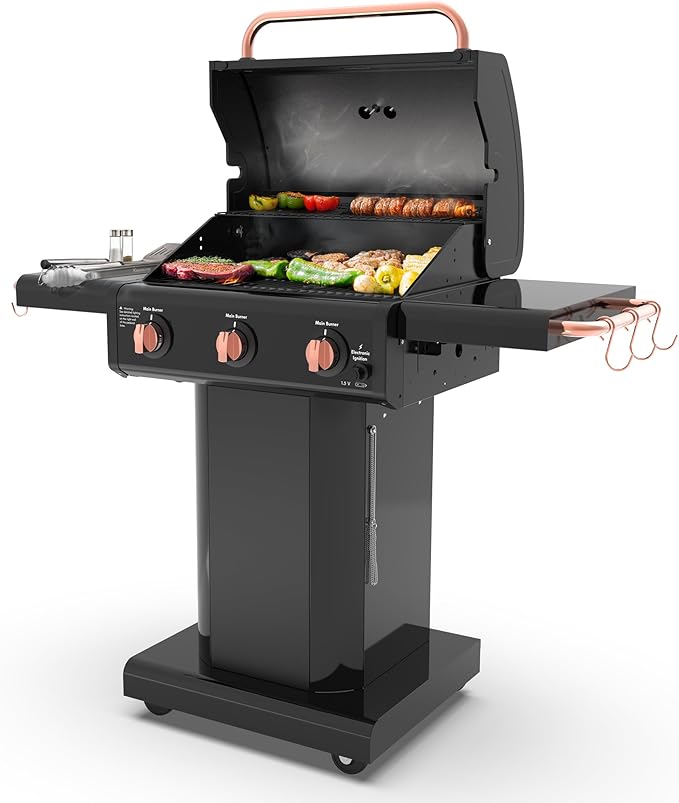 Kenmore 3-Burner Gas Grill | Foldable Side Tables, Cast Iron Cooking Grates, Warming Rack, Hooks for BBQ Grilling Tools, Propane Gas Barbecue Grill, 30,000 BTUs, Black with Copper Accent