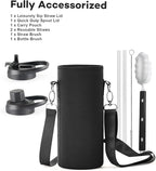 40 oz Insulated Water Bottle with Straw and Lid, Food-grade Double Wall Vacuum Stainless Steel Flask with Handle,Leakproof Metal Travel Jug With Carry Pouch and Brush,Keep Cold & Hot,Black