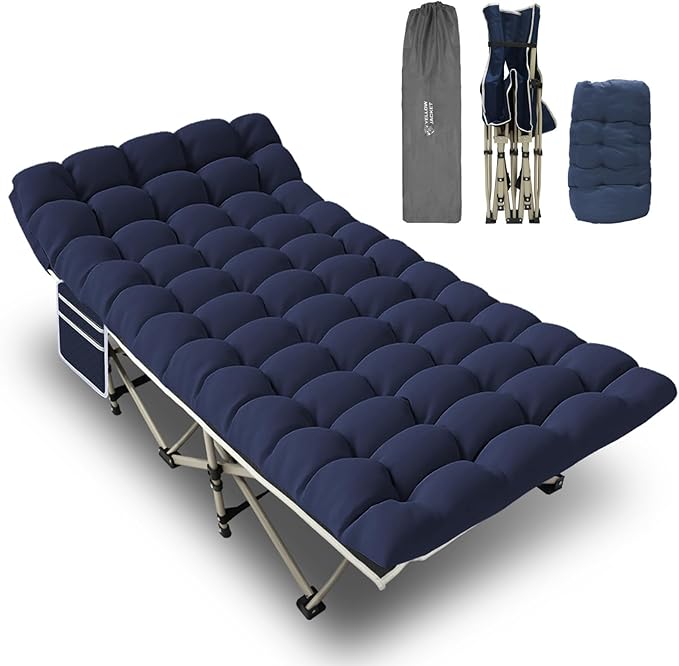 YELLOW JACKET Folding Camping Cot with Mattress, Upgraded 32" Wide Cot for Camping, Folding Sleeping Cot with Carry Bag, Camping Cots for Adults Idea for Home, Office & Travel (Blue)
