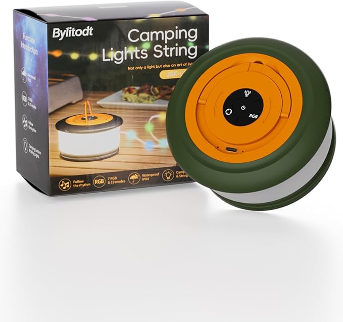 Camping String Lights, Retractable 32.8ft RGB Flash Lamp, Rechargeable LED Fairy Lights Outdoor Waterproof, Portable Hanging Lantern for Outside Tent Patio Awning Garden RV Essentials