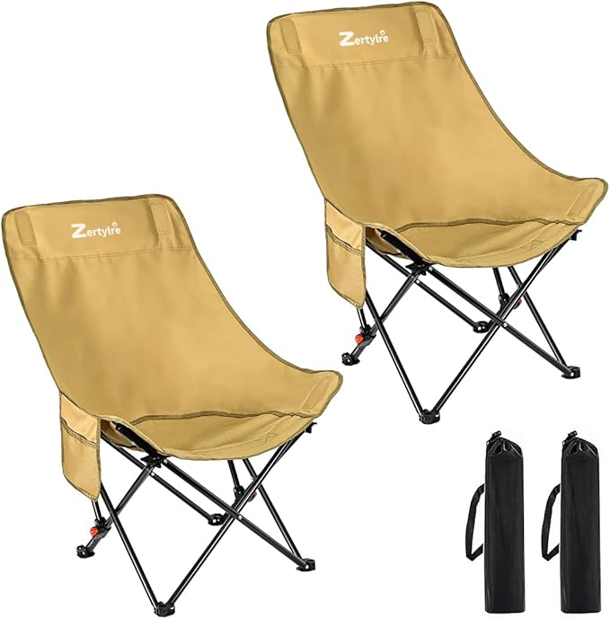 Camping Chair for Adults, Portable Adjustable Folding Chairs Set with Side Pockets for Outdoors Fishing, Hiking, Backpacking, Picnic, Beach, Travel, Supports to 300lbs, & Storage Bags (Khaki)