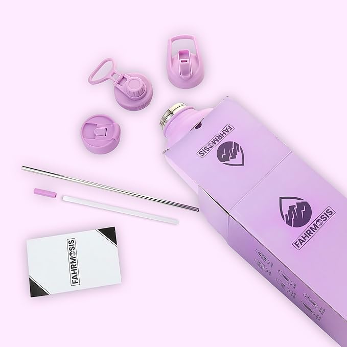 64 Oz Water Bottle with Straw Stainless Steel Sports Water Bottle with 3 Lids (Straw, Chug and Flip Lid) Leak Proof Metal Half Gallon Jug for Men & Women - Lavender