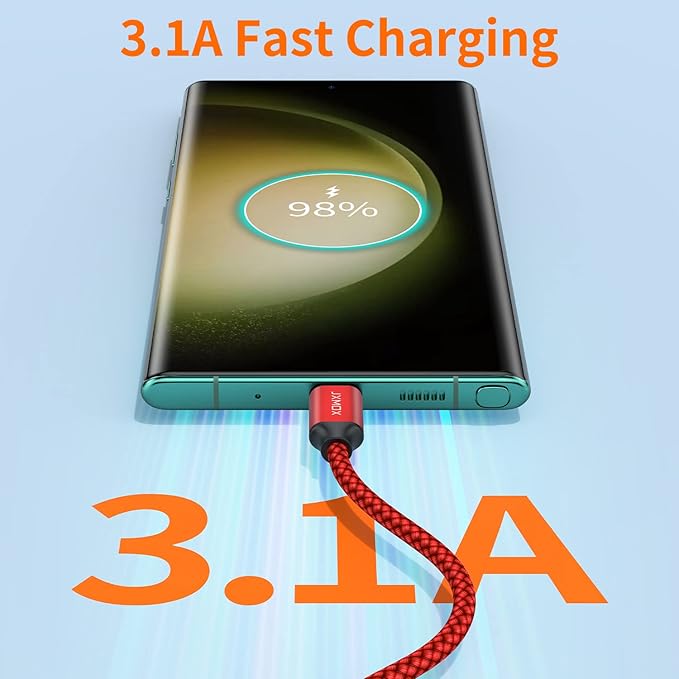 JXMOX Short USB C Cable (1ft 3-Pack), USB A to Type-C Charger Cord 3.1A Fast Charging Compatible with iPhone 15 16 Pro Max, Samsung Galaxy S22 S21 S20 S10 S9, Note 20 10, A80 A70 A50,Power Bank (Red)