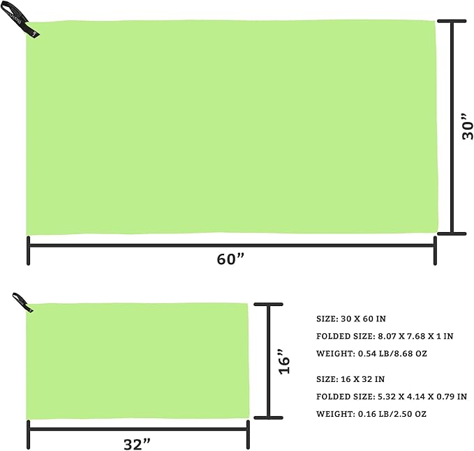 Rainleaf 2 Pack Microfiber Quick Dry Travel Towel, Super Absorbent Ultra Compact Lightweight Camping Towel for Gym, Hiking, Pool, Yoga - Green
