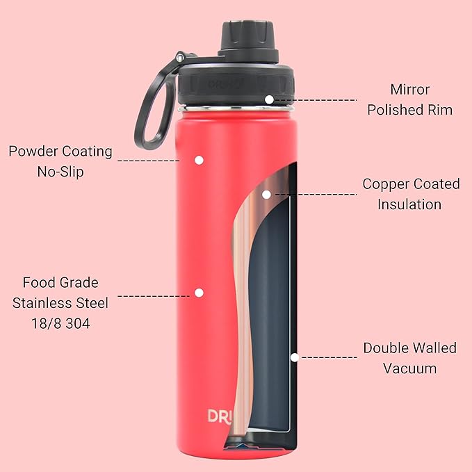 DRINCO Stainless Steel Water Bottle Spout Lid Vacuum Insulated Double Wall Water Bottle Wide Mouth (40oz 32oz 22oz 18oz 14oz) Leak Proof Keeps Cold or Hot (22 oz, 22oz Barn Red)