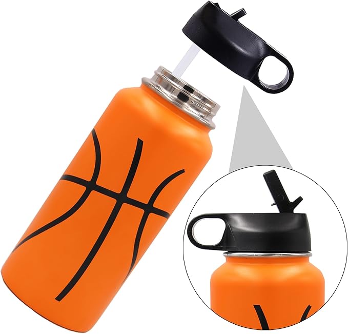 32 oz Basketball Water Bottle, Wide Mouth Sports Flask Metal Travel Mug with 2 Lids, Stainless Steel Double Wall Vacuum Insulated Leak Proof Water Bottles, Basketball Accessories Gifts for Boys Girls