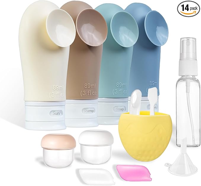 14Pcs Leak Proof Travel Bottles for Toiletries - 3oz TSA Approved Containers Kit With Suction Cup - Essential Accessories for Women